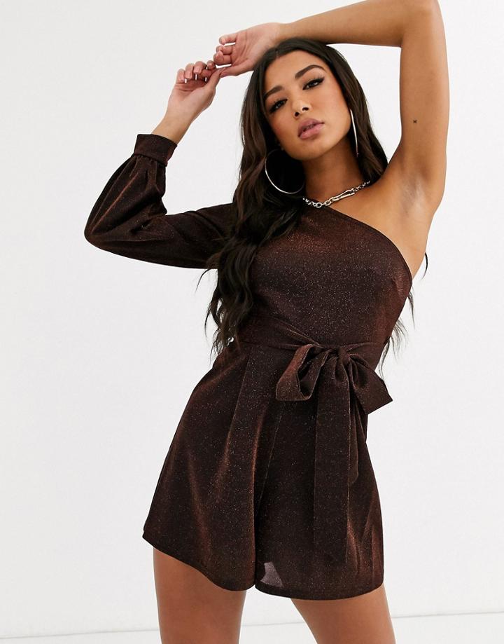 Asos Design One Shoulder Blouson Sleeve Romper In Glitter-black