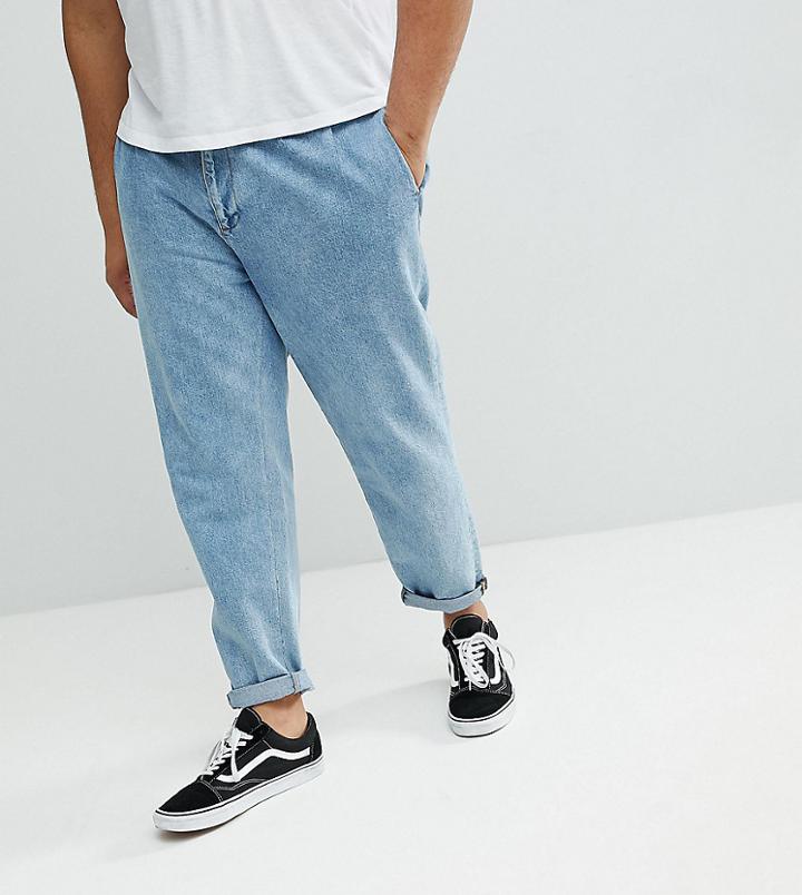 Asos Plus Double Pleated Jeans In Mid Wash Blue