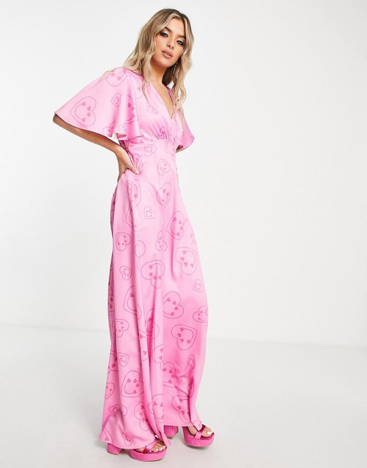 Twisted Wunder Flutter Sleeve Maxi Dress In Happy Heart Print-pink