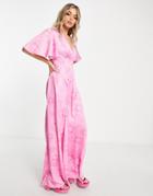 Twisted Wunder Flutter Sleeve Maxi Dress In Happy Heart Print-pink