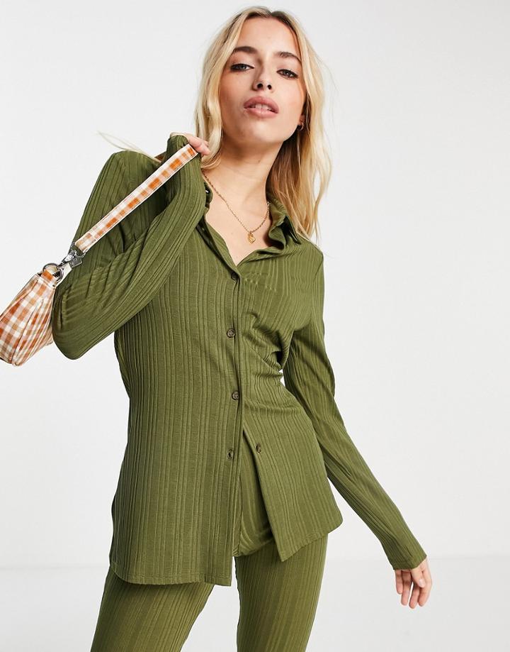 Miss Selfridge Fitted Rib Shirt In Khaki - Part Of A Set-green