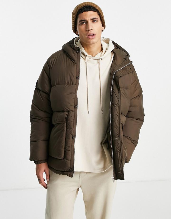 Pull & Bear Puffer Jacket With Hood In Brown