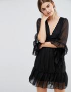 Jasmine Skater Dress With Ruffled Hem And Sleeves - Black