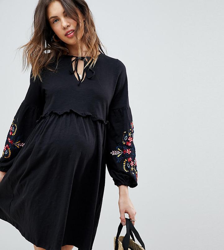 Asos Design Maternity Embroidered Sleeve Smock Dress - Black