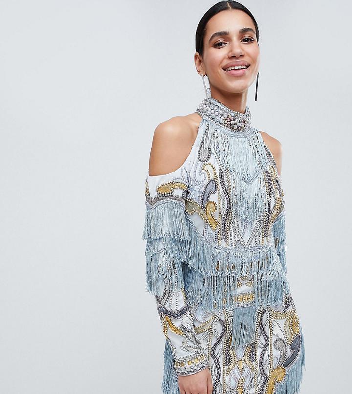 A Star Is Born Cold Shoulder Embellished Mini Dress With Tassel Details - Blue