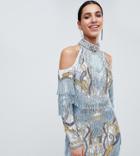 A Star Is Born Cold Shoulder Embellished Mini Dress With Tassel Details - Blue