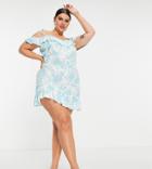 Asos Design Curve Frill Detail Cami Mini Dress In Blue Floral-multi