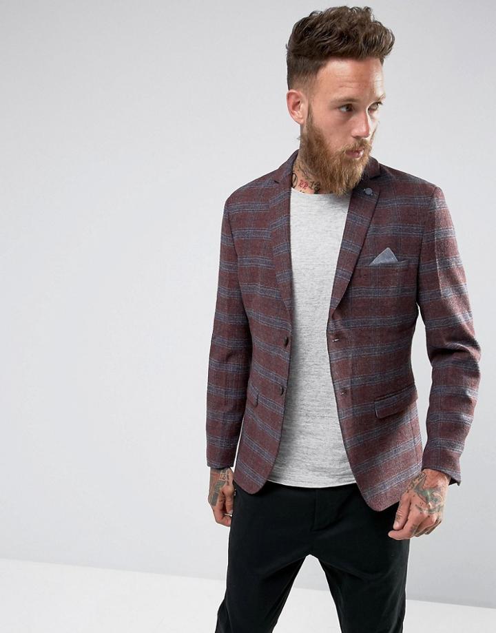 Selected Homme Slim Wool Mix Blazer In Check - Red