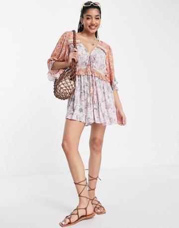 Asos Design Lace Insert Tie Front Romper In Mixed Floral Print-multi