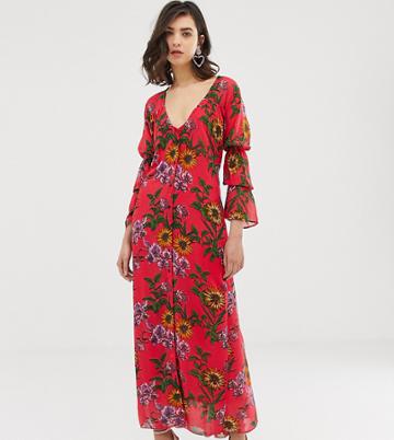 Dusty Daze Ruched Front Maxi Dress In Floral - Red