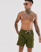 Asos Design Cargo Swim Shorts In Khaki - Green