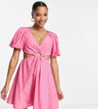 Asos Design Petite Eyelet Volume Sleeve Mini Cut Out Dress In Pink-multi
