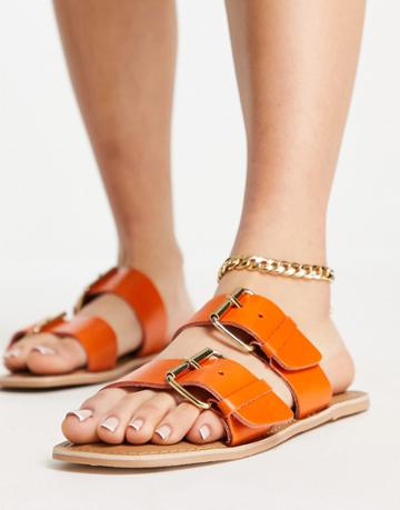 London Rebel Leather Double Buckle Slides In Orange