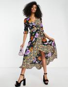 River Island Mixed Floral Wrap Midi Dress In Black