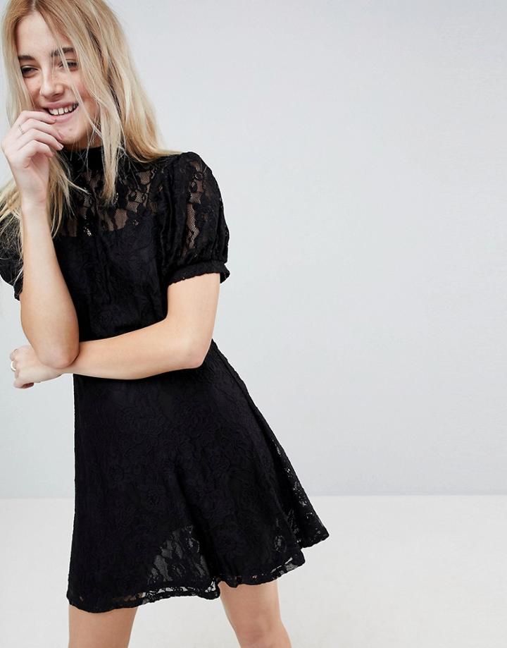 Asos Mini Lace Dress With Puff Sleeve - Black