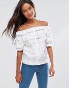 Qed London Lace Detail Button Bardot Top - White