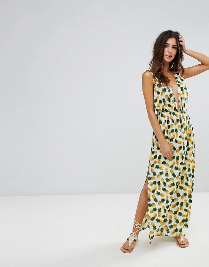 Liquorish Pineapple Print Maxi Beach Dress - White