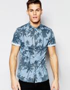 Asos Skinny Denim Shirt With Palm Tree Print In Short Sleeve - Blue