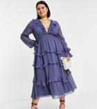 Asos Design Curve Tierred Ruffle Midi Dress With Elastic Waist And Lace Up Back Detail-blues