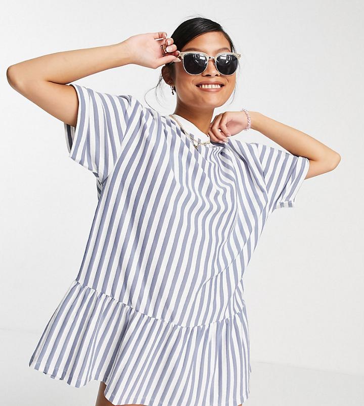 Asos Design Petite Oversized T-shirt Dress With Frill Hem In Blue And Cream Stripe-blues