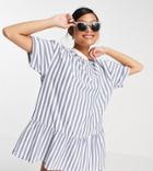 Asos Design Petite Oversized T-shirt Dress With Frill Hem In Blue And Cream Stripe-blues