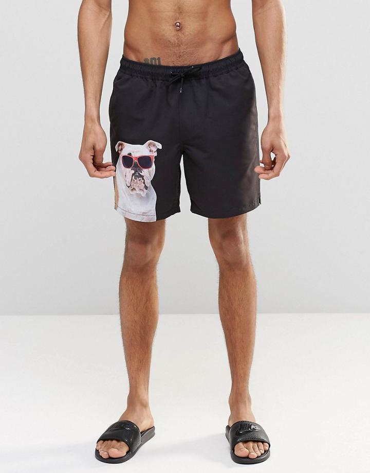 Asos Swim Shorts With Bull Dog Print In Mid Length - Black