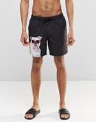 Asos Swim Shorts With Bull Dog Print In Mid Length - Black