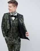 Asos Edition Skinny Double Breasted Tuxedo Suit Jacket In Green Floral Jacquard - Green