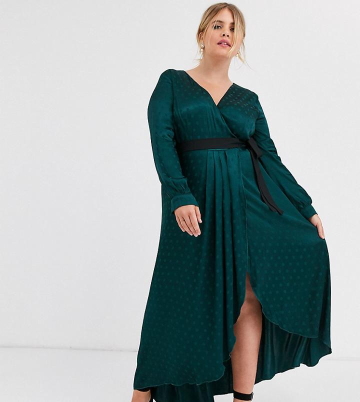 Little Mistress Plus Satin Wrap Dress With Contrast Waistband In Green