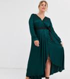 Little Mistress Plus Satin Wrap Dress With Contrast Waistband In Green