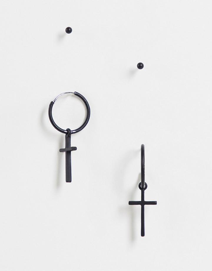 Asos Design 2-pack Stud And Drop Hoop Earrings Set With Cross In Matte Black