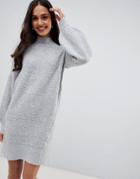 Brave Soul Hudson High Neck Sweater Dress With Balloon Sleeves - Gray