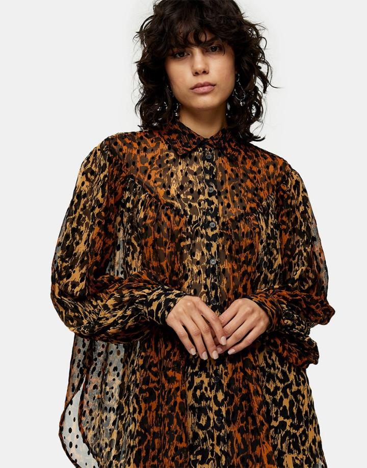 Topshop Flocked Oversized Blouse In Brown
