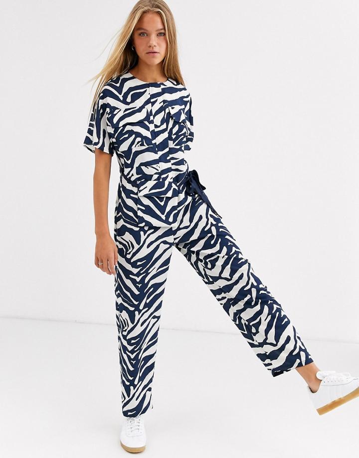 Asos Design Minimal Boiler Jumpsuit In Zebra Print With Detachable Fanny Pack-multi