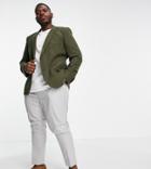 Asos Design Plus Skinny Wool Mix Suit Jacket In Khaki Twill-green