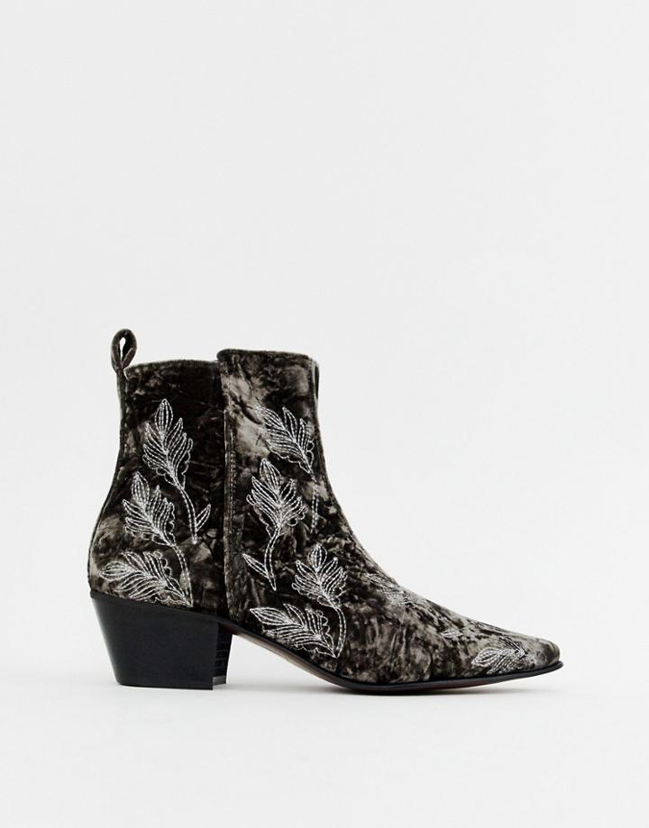 Asos Edition Stacked Heel Boots In Gray Velvet With Embroidery - Gray