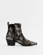 Asos Edition Stacked Heel Boots In Gray Velvet With Embroidery - Gray