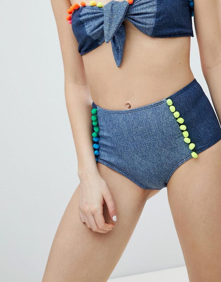 Jaded London Denim Pom Pom Bikini Bottom - Blue