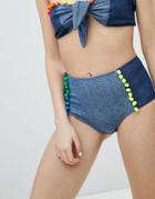Jaded London Denim Pom Pom Bikini Bottom - Blue