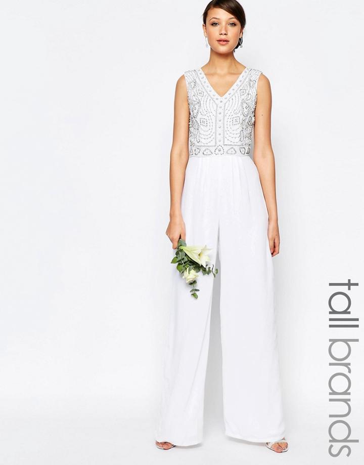 Maya Tall Heavily Embellished Bodice Wide Leg Jumpsuit - White