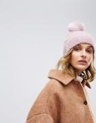 Asos Design Fluffy Beanie With Faux Fur Pom - Pink