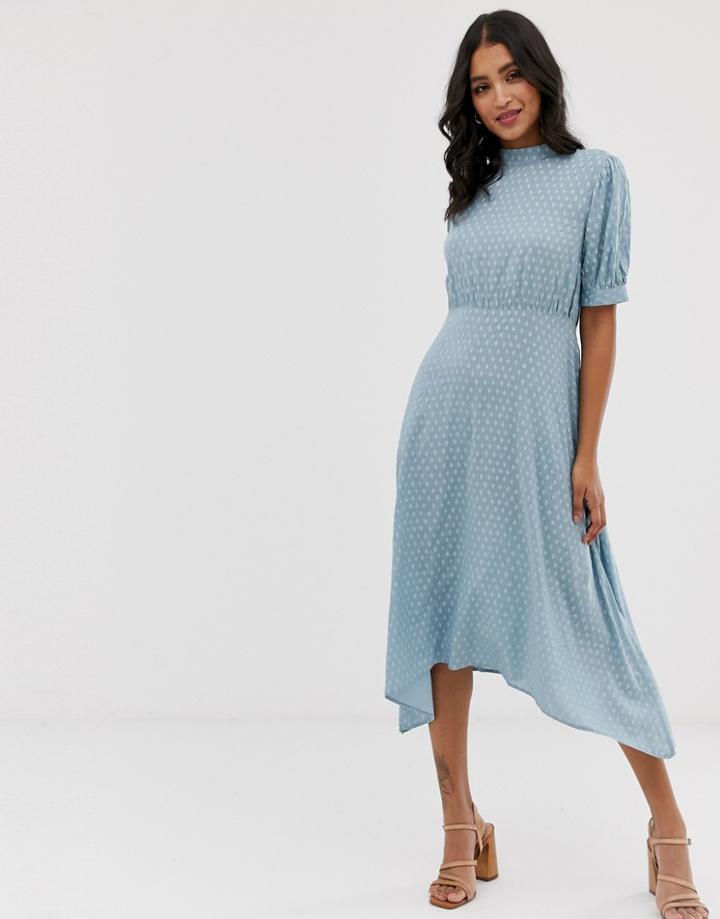 Vila High Neck Geo Midi Dress With Volume Sleeve - Blue