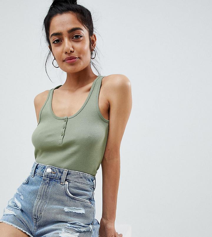 Asos Design Petite Button Tank In Rib In Khaki - Green