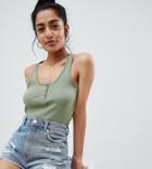 Asos Design Petite Button Tank In Rib In Khaki - Green