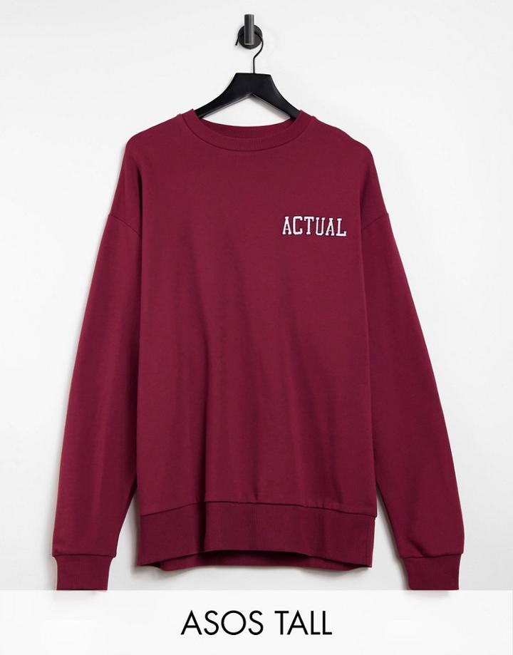 Asos Actual Tall Oversized Sweatshirt In Burgundy With Embroidered Logos
