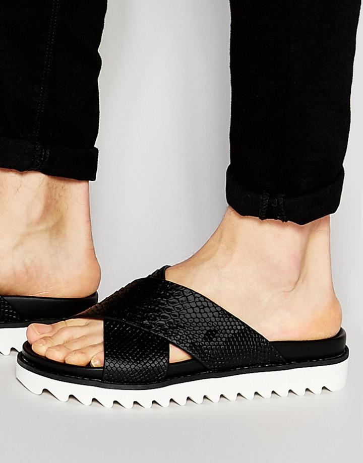 Asos Slide Sandals With Black Snakeskin Effect - Black