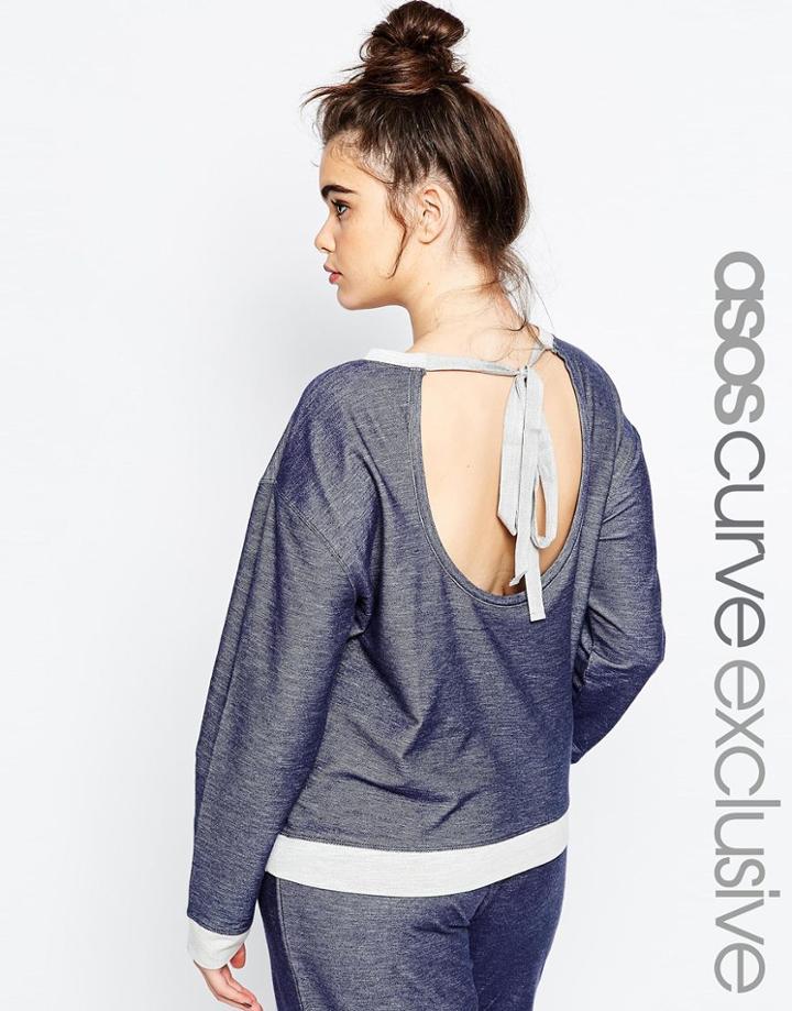 Asos Curve Lounge Top With Contrast & Tie Back - Blue