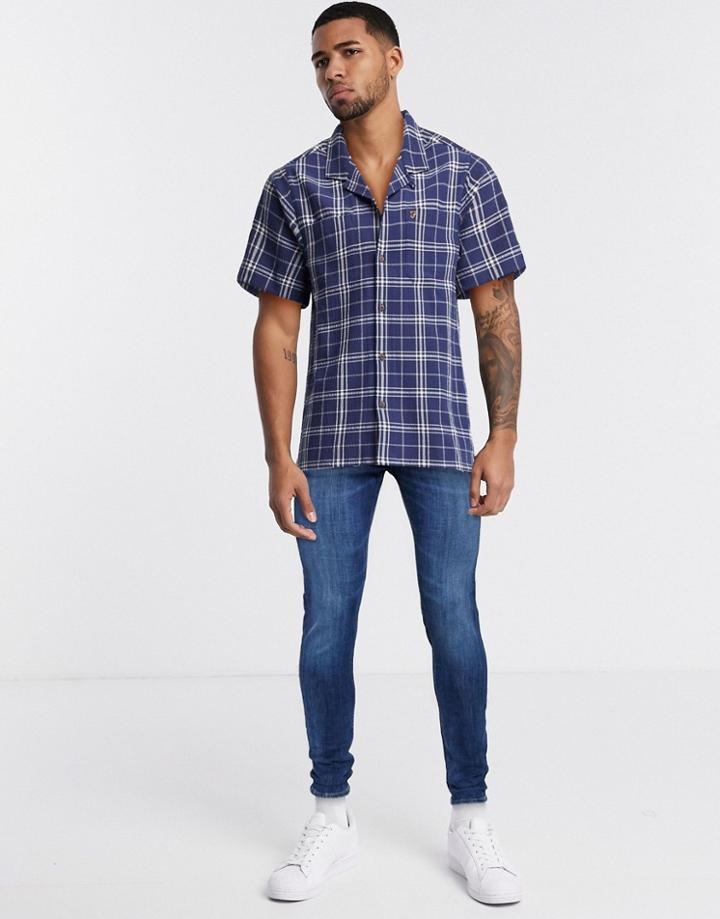 Farah Emerson Short Sleeve Checked Seersucker Shirt In Blue-navy