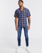 Farah Emerson Short Sleeve Checked Seersucker Shirt In Blue-navy