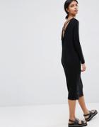 Asos Cowl Back Midi Dress With Strap Detail And Long Sleeve - Black